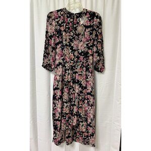 Vintage Lanz Floral Midi Dress  10 Cottage Coquette 3/4 Sleeves Pockets